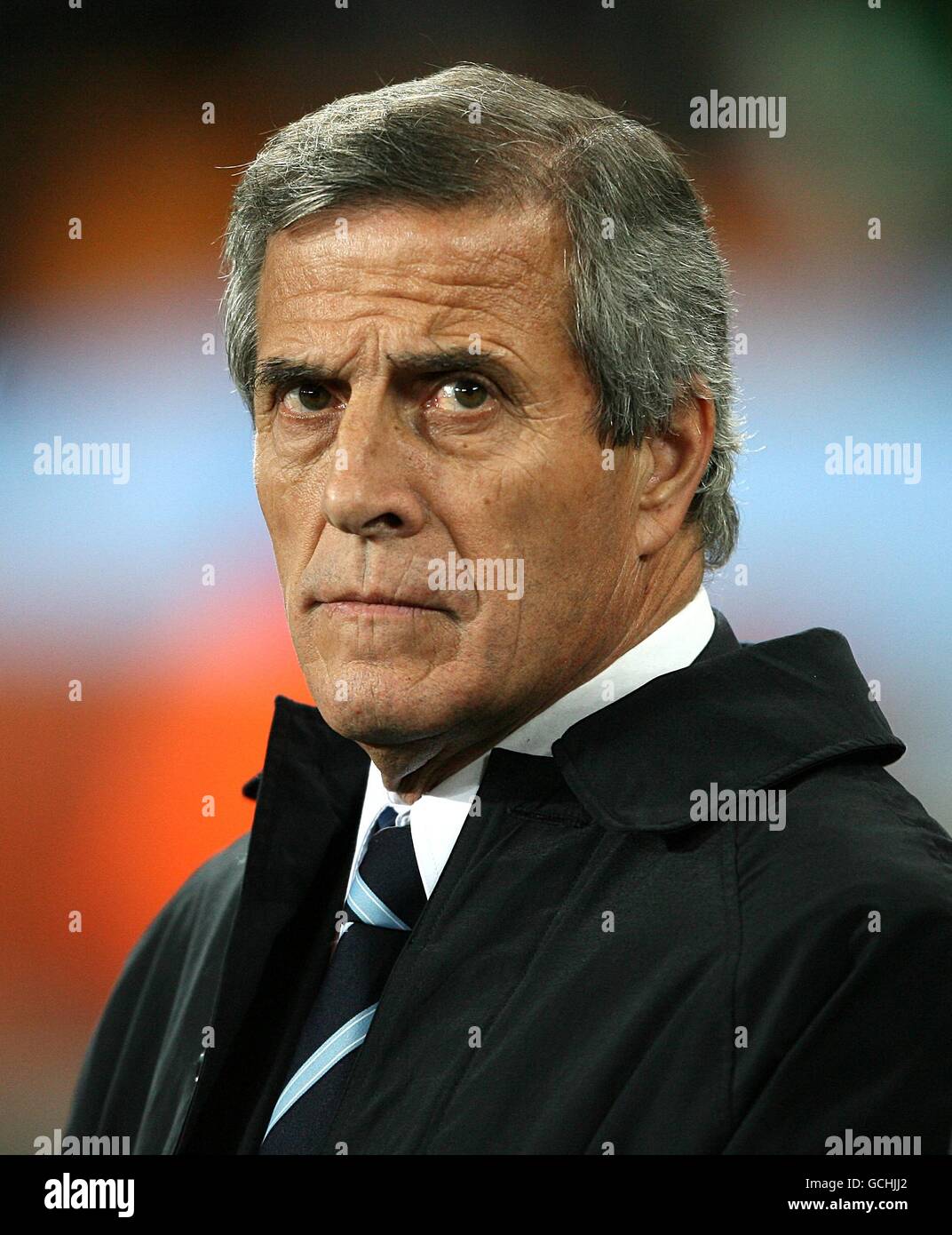 Soccer - 2010 FIFA World Cup South Africa - Quarter Final - Uruguay v Ghana - Soccer City Stadium. Uruguay coach Oscar Tabarez on the touchline. Stock Photo