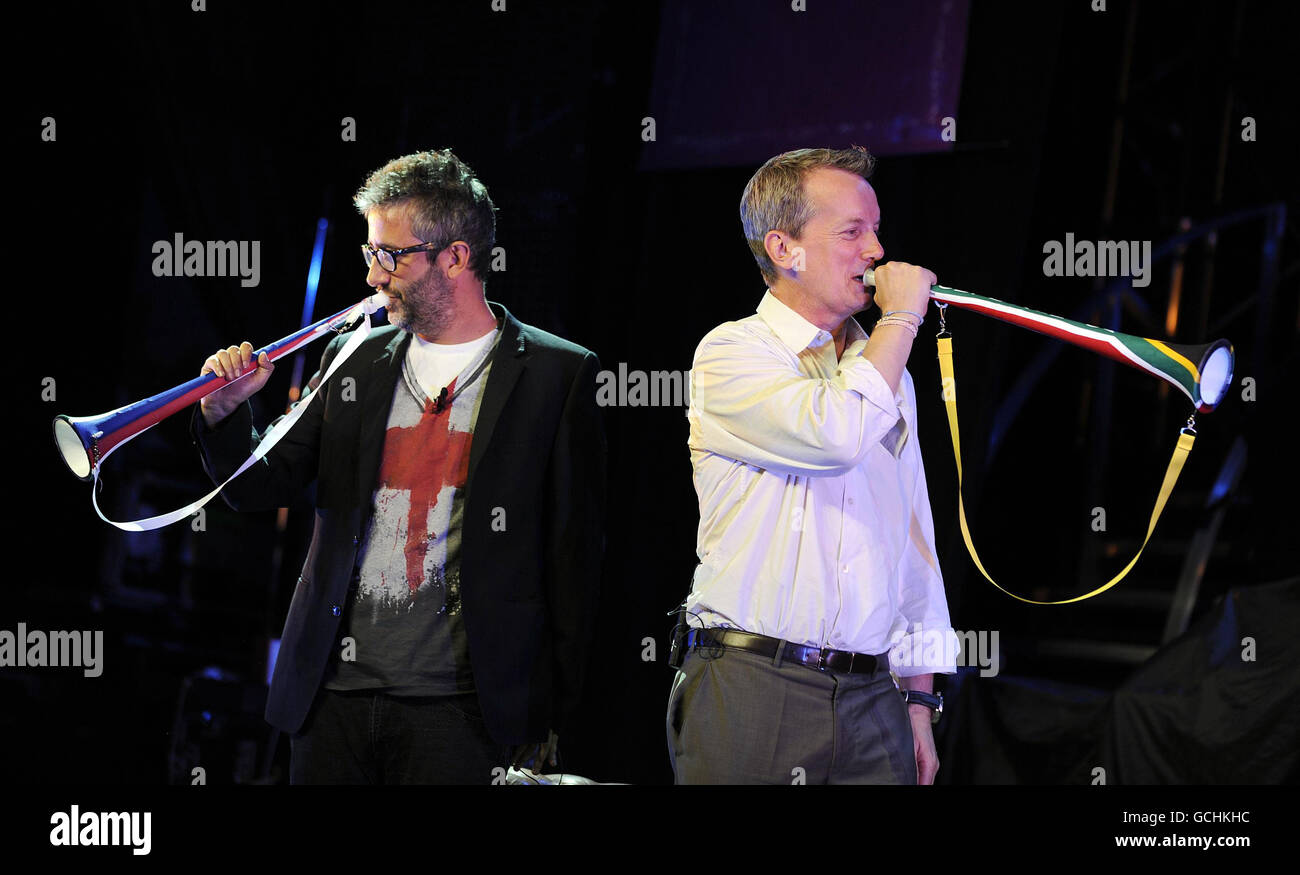 David Baddiel (left) and Frank Skinner on stage at the Absolute Radio South Africa Send Off Party, at the Lyric Theatre in central London. Stock Photo