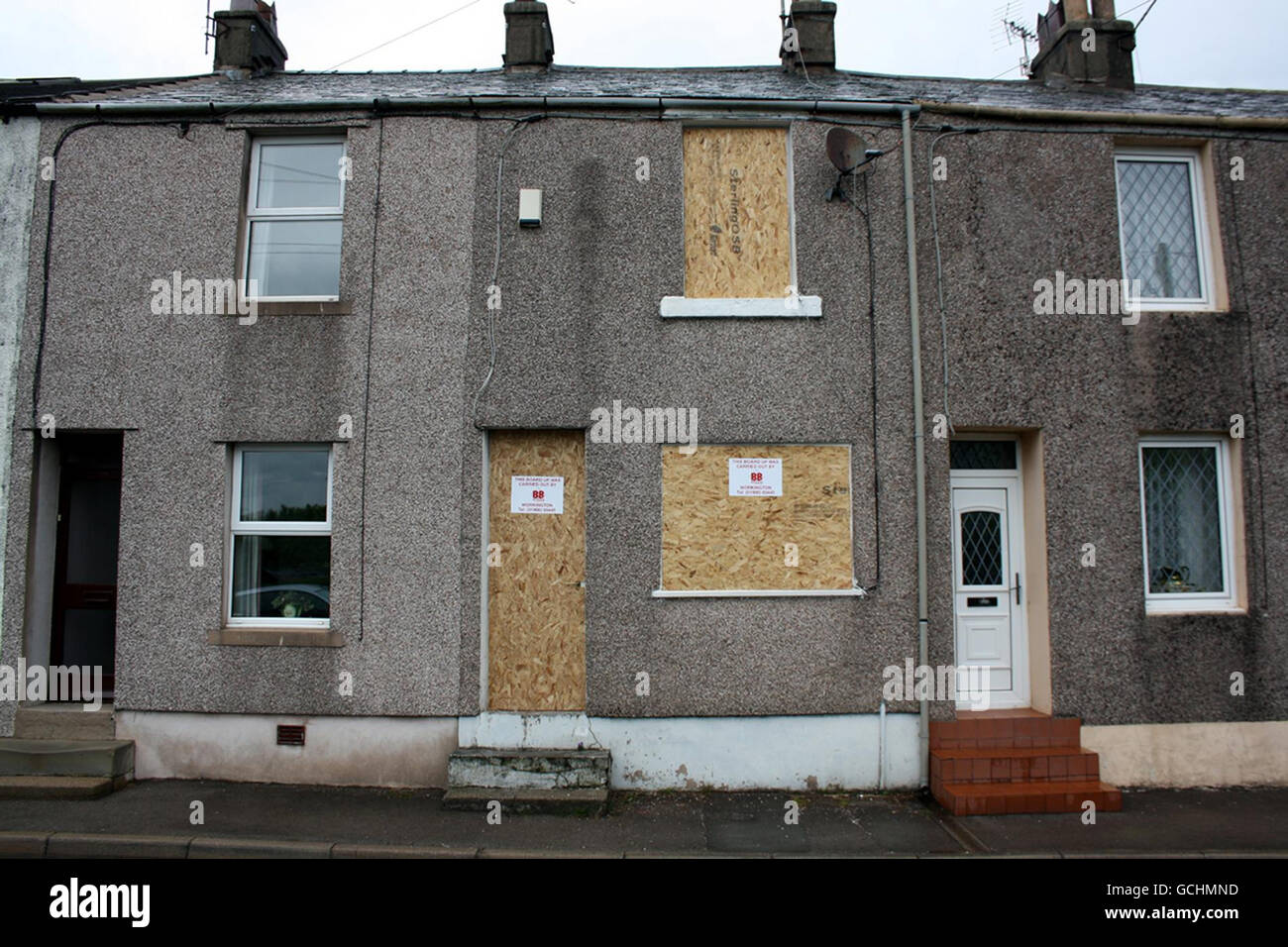 General gunman Derrick Bird's house on Rowrah Road in Rowrah, near Whitehaven, which has been boarded up. Stock Photo