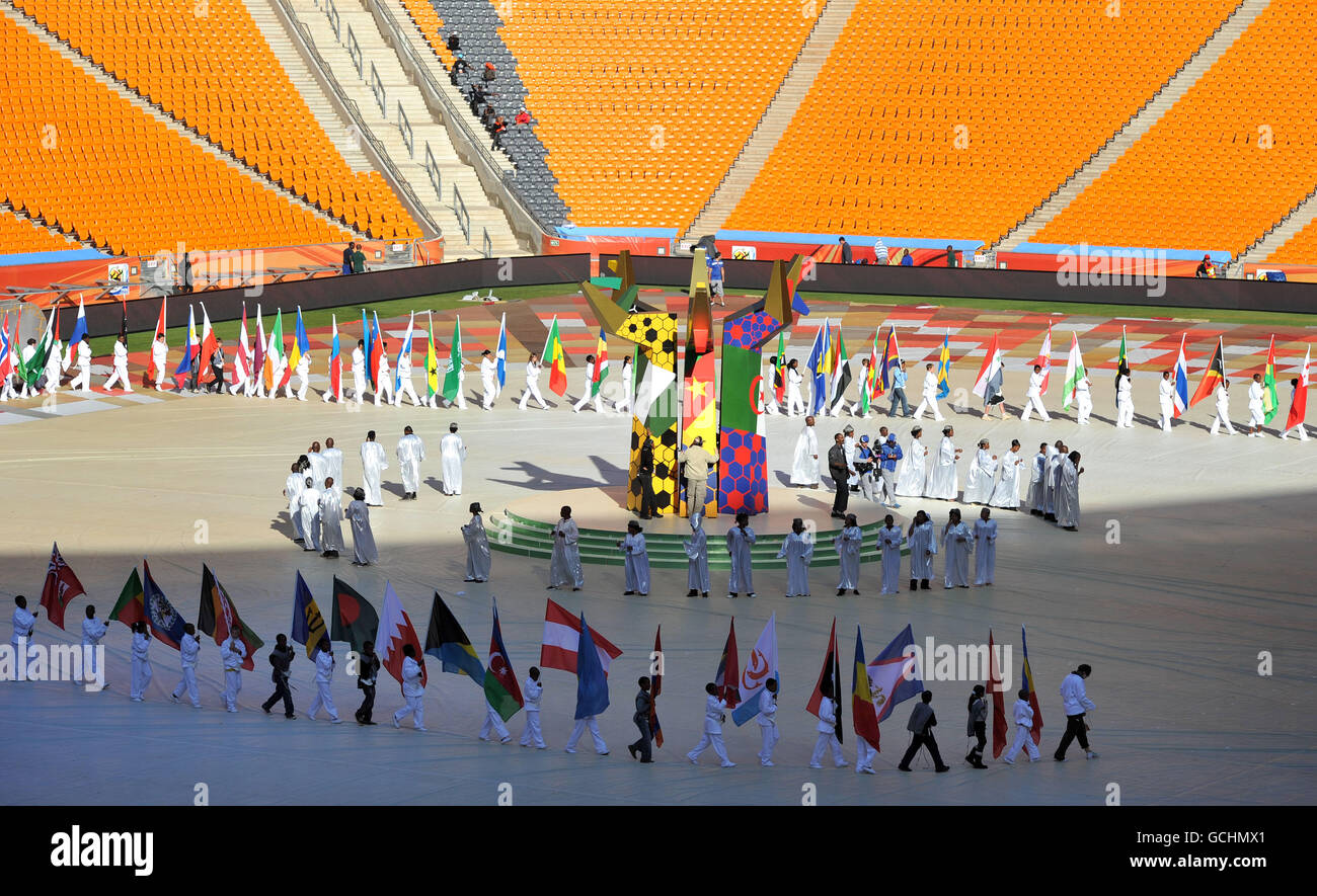 The Soccer City Stadium in Johannesburg, South Africa during rehearsals for the World Cup opening ceremony. Stock Photo
