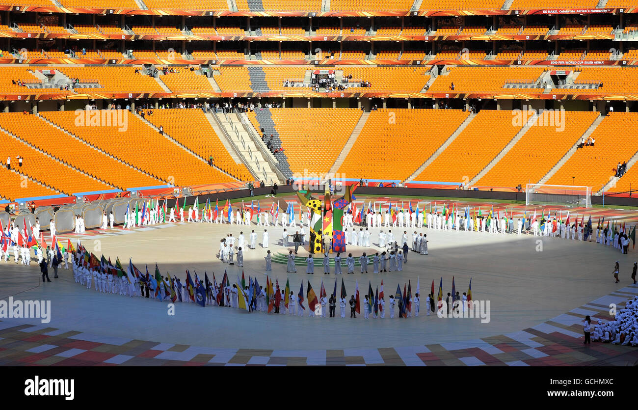 The Soccer City Stadium in Johannesburg, South Africa during rehearsals for the World Cup opening ceremony. Stock Photo