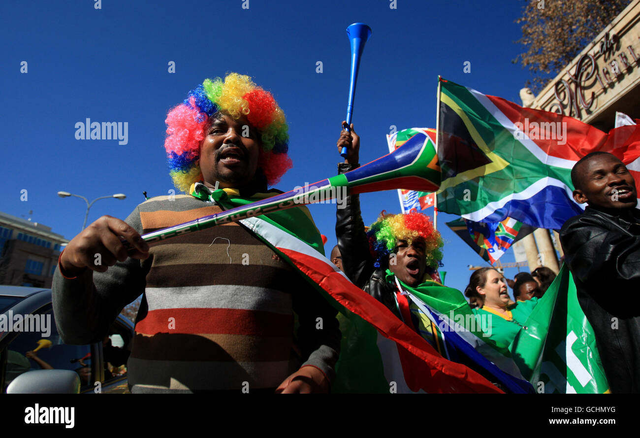 South Africa dancers outside the Soccer City Stadium as they take part in a parade through Johannesburg Stock Photo