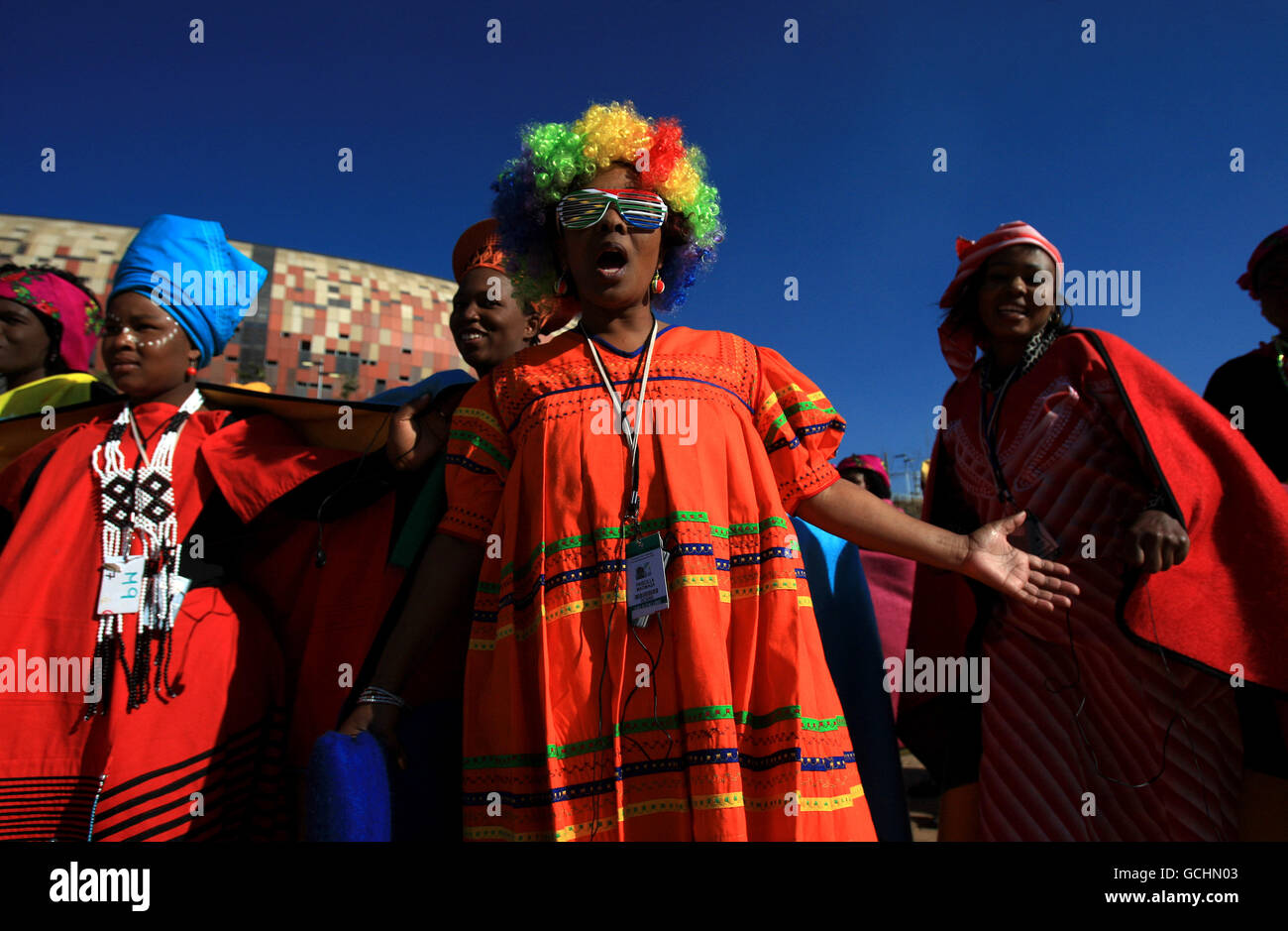South African dancers outside Soccer City stadium, Johannesburg Stock Photo