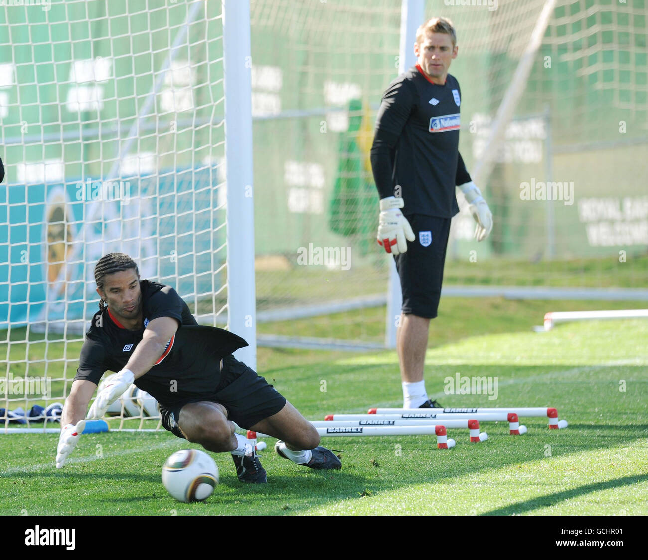 England goalkeeper David James (left) and Robert Green (right) during the training session at the Royal Bafokeng Sports Complex, Rustenburg, South Africa. Stock Photo