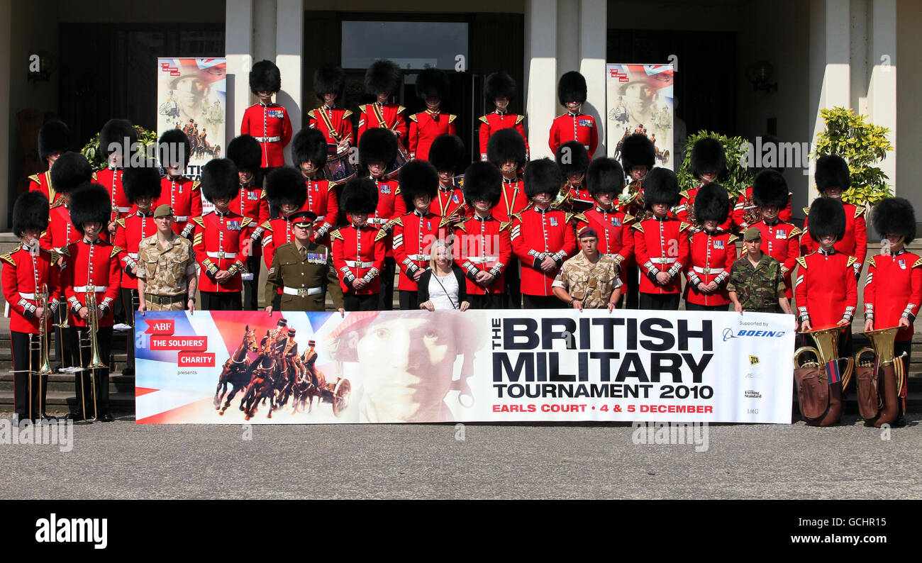 The Band of the Scots Guards and members of the Grenadier Guards during the launch of the British Military Tournament 2010 at Wellington Barracks, London. Stock Photo