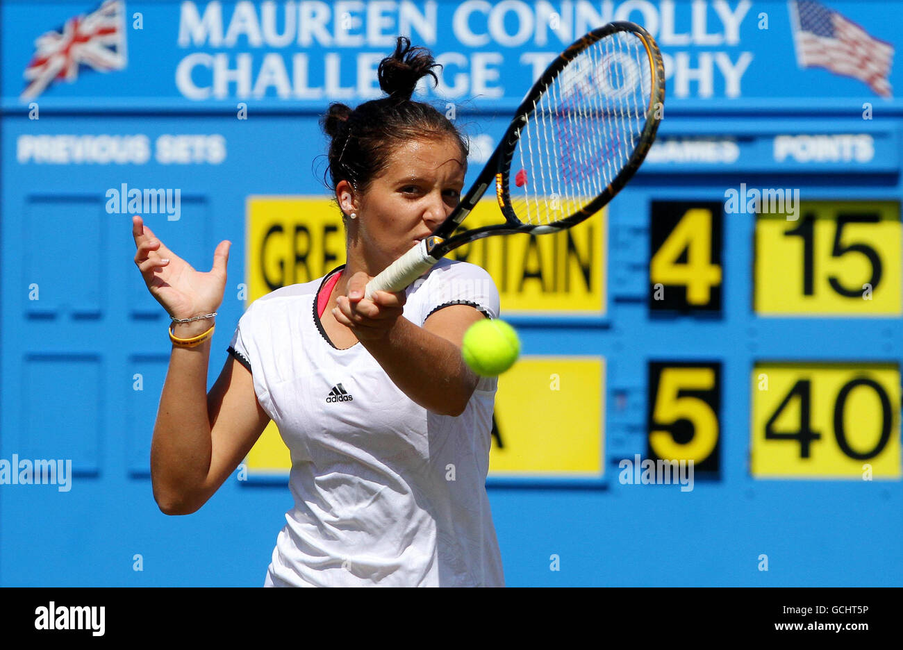 Great Britain's Laura Robson in action during her Maureen Connolly Challenge Trophy match against the USA during the AEGON International at Devonshire Park, Eastbourne. Stock Photo