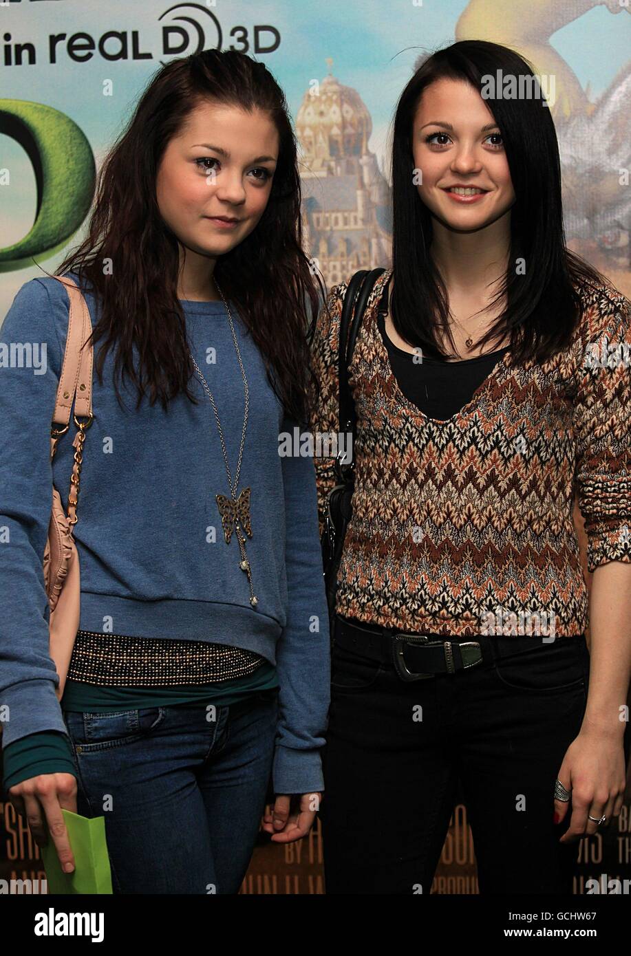 Kathryn Prescott (right) and her sister Megan (left) arriving for the celebrity gala screening of Shrek Forever After at the Vue West End, London. Stock Photo