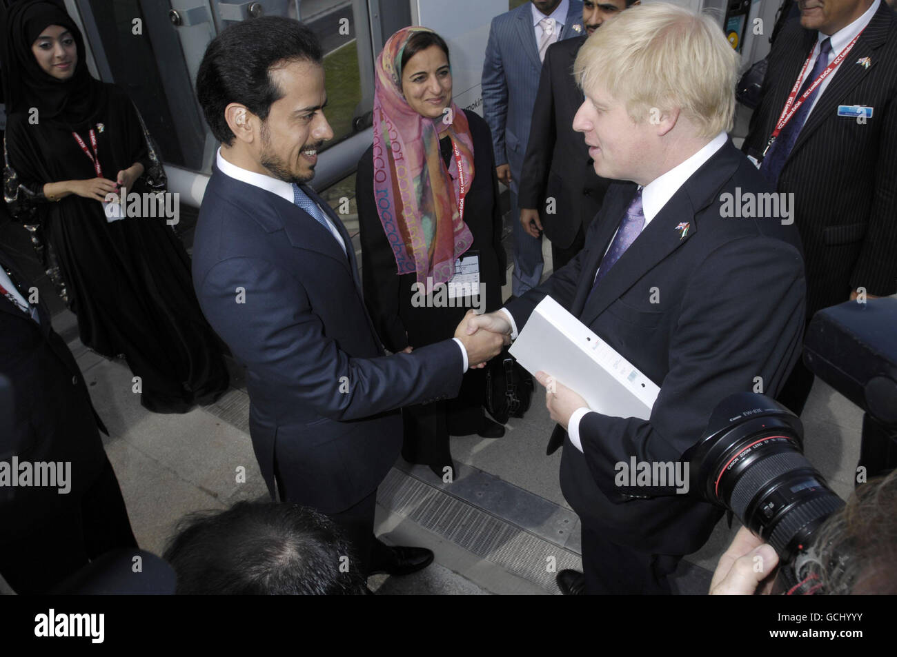 Mayor of London, Boris Johnson, (right) meets the delegation led by the Abu Dhabi National Exhibitions Company (ADNEC) chairman Sheikh Sultan bin Tahnoon Al Nahyan at the launch of the new International Convention Centre (ICC) at ExCeL London. Stock Photo