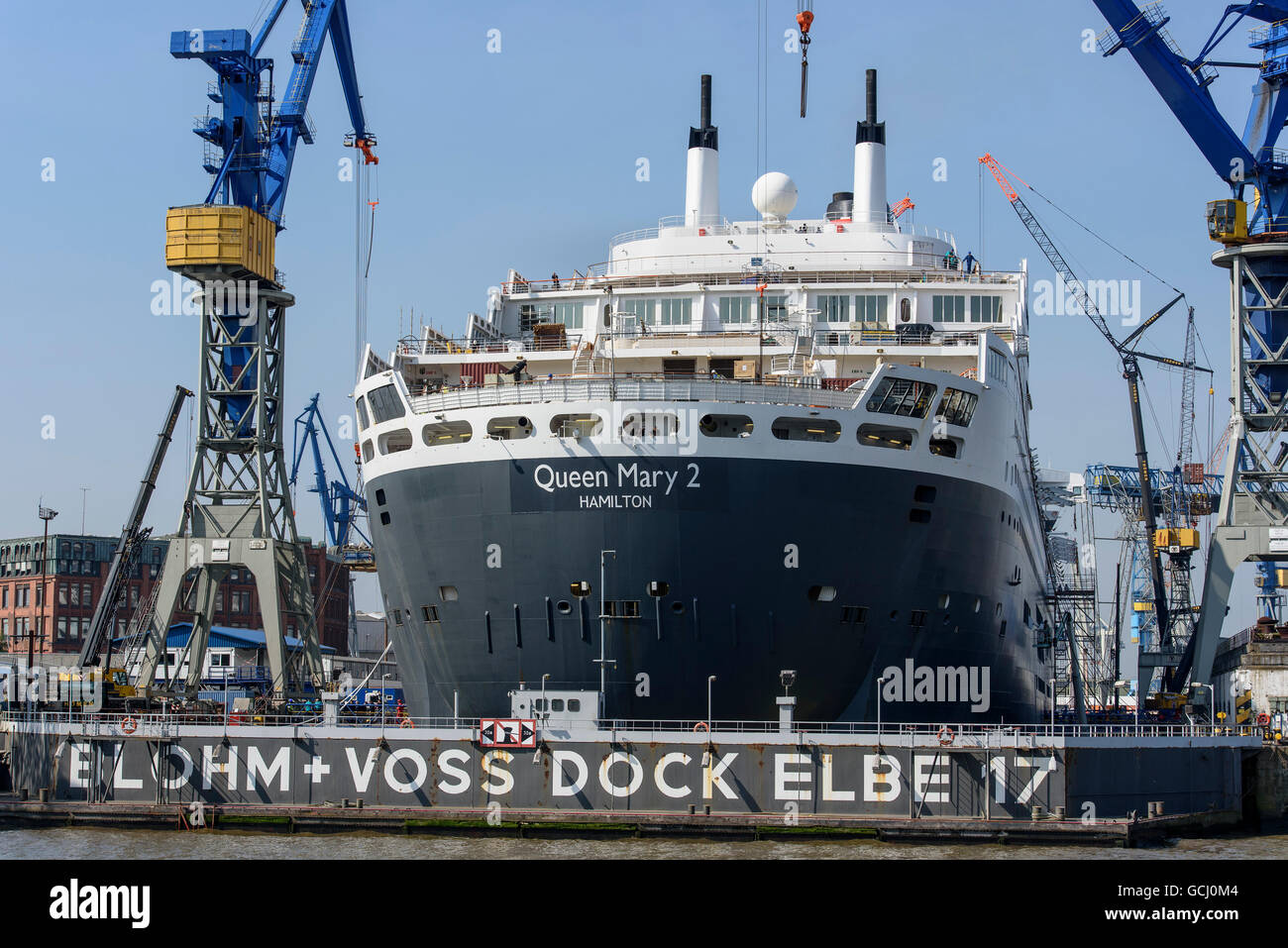 Cruiser Queen Mary 2 in dry dock, St. Pauli, Hamburg, Germany Stock