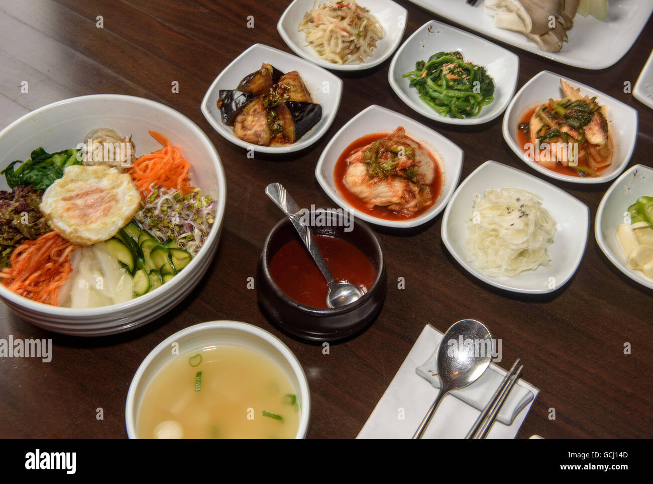 Bibimbab-rice and vegetable dish and Bulgogi-barbecued beef, Korean  Restaurant Han Mi, Rentzelstr. 36 , Hamburg, Germany Stock Photo