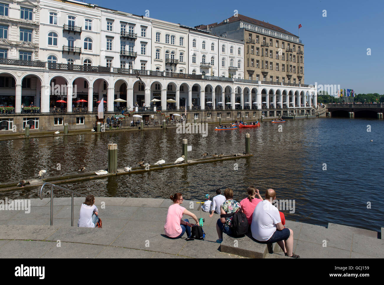 Tourists  at Alsteracades and Kleine Alster, Hamburg, Germany Stock Photo