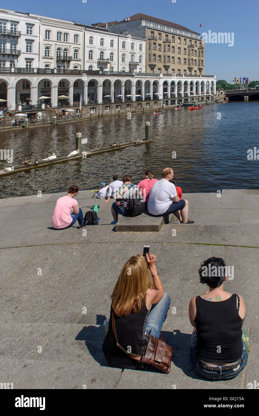 Tourists  at Alsteracades and Kleine Alster, Hamburg, Germany Stock Photo