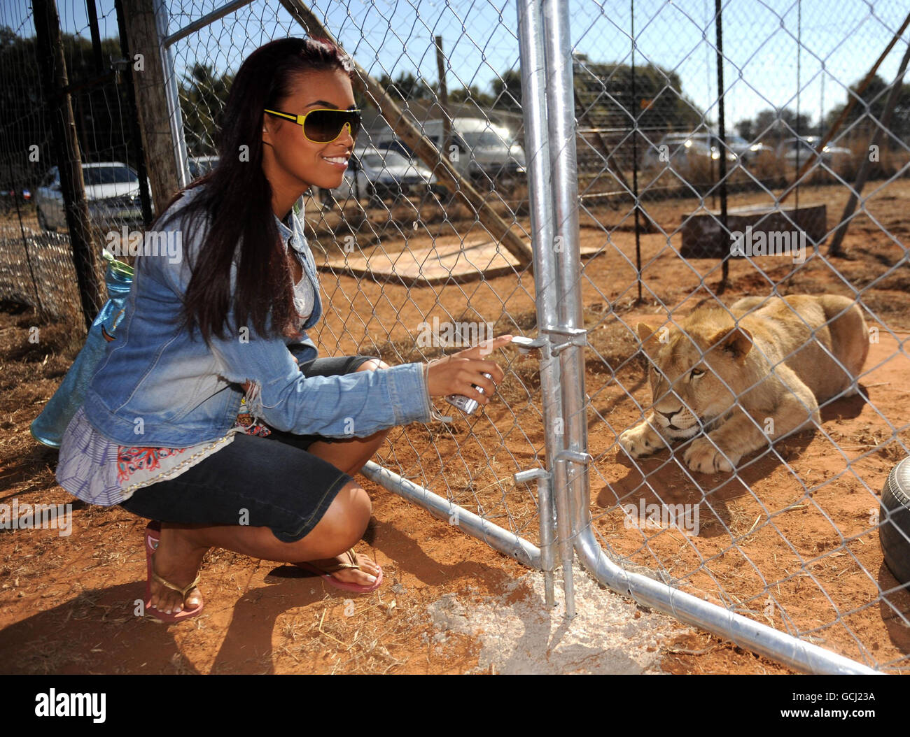 Chantelle Tagoe (partner of Emile Heskey) poses with a lion during a visit to the Cheetah Experience in Bloemfontein, South Africa. Stock Photo