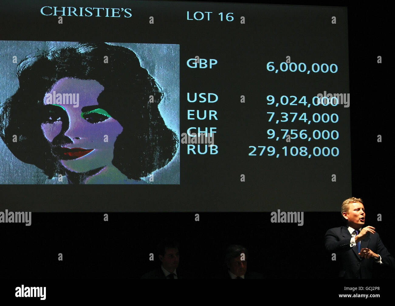 'Silver Liz' by Andy Warhol is sold for 6,761,250 at auction during Christie's evening sale of Post War and Contemporary art, at Christie's auction house in central London. Stock Photo