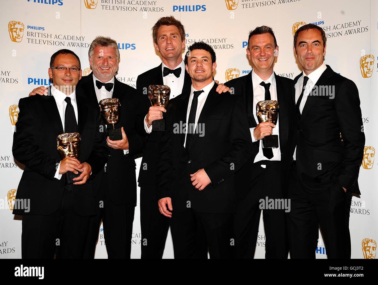 (left to right) Derek Wax, Laurie Borg, Nick Murphy, Warren Brown, Peter Bowker and James Nesbitt with the Drama Serial award received for Occupation at the BAFTA television awards at the London Palladium. Stock Photo