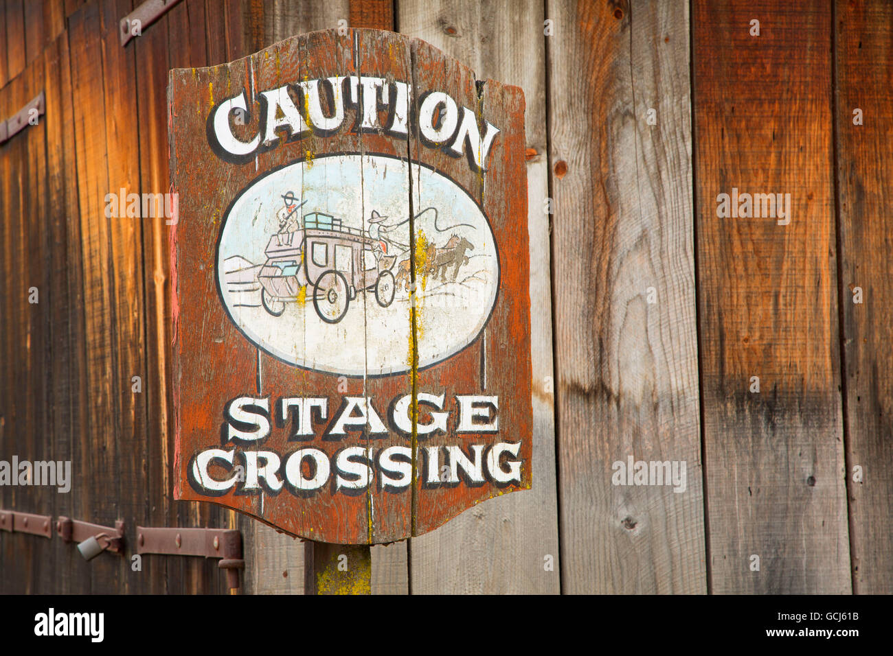 Stage crossing sign, Columbia State Historic Park, California Stock Photo