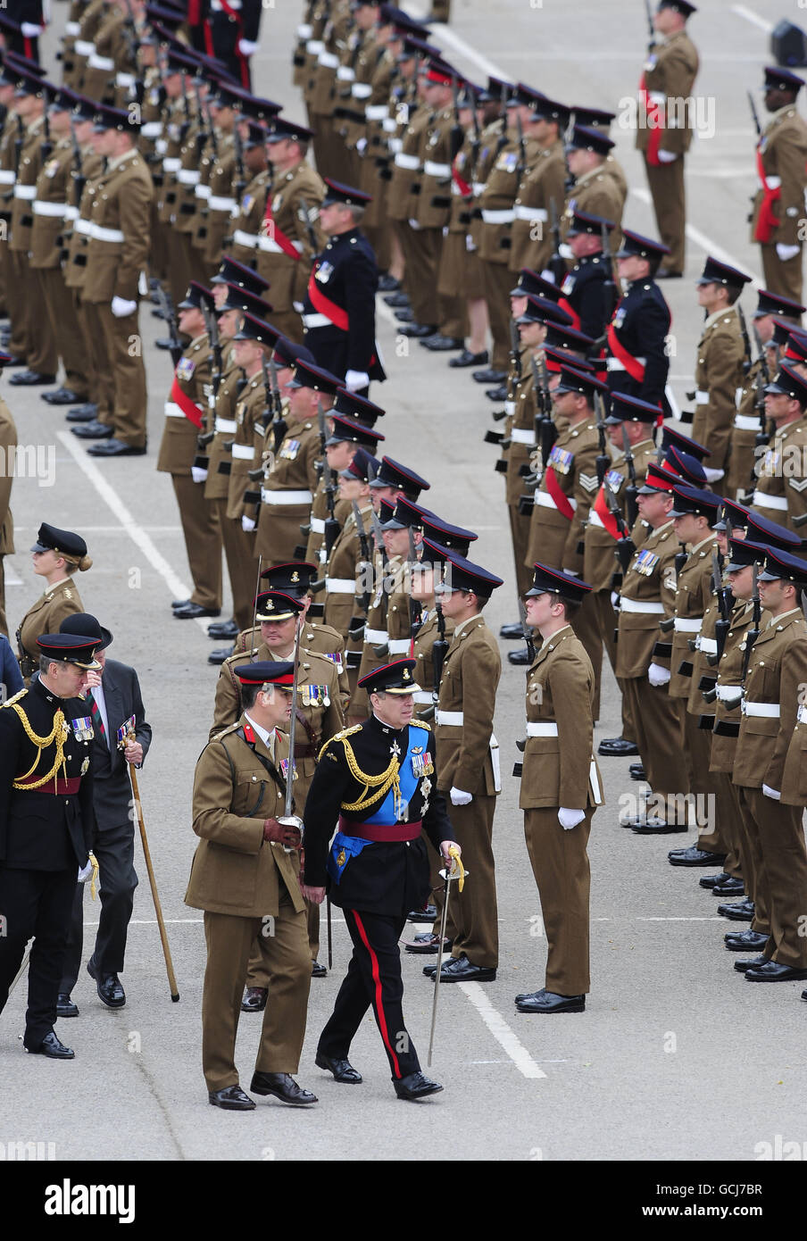 The Duke of York on a special parade to present new Regimental Colours to soldiers of the Yorkshire Regiment on the Parade Ground at Imphal Barracks, York. The presentation will bring together the three regular Battalions and one Territorial Battalion for the first time since they were formed on June 6, 2006. PRESS ASSOCIATION Photo. Picture date: Friday June 18, 2010. The Duke is the Colonel in Chief to the Regiment. See PA story ROYAL Colours. Photo credit should read: John Giles/PA Wire Stock Photo