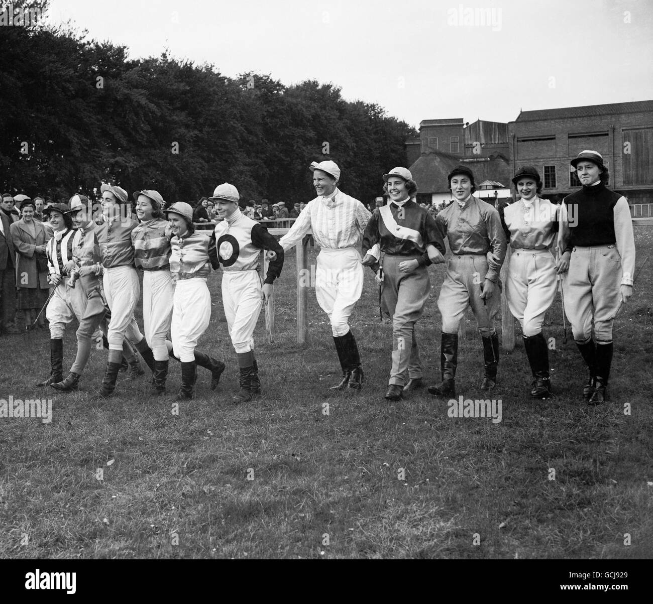 Horse Racing - The Newmarket Town plate. The jockeys set to take part in the horse racing. Stock Photo