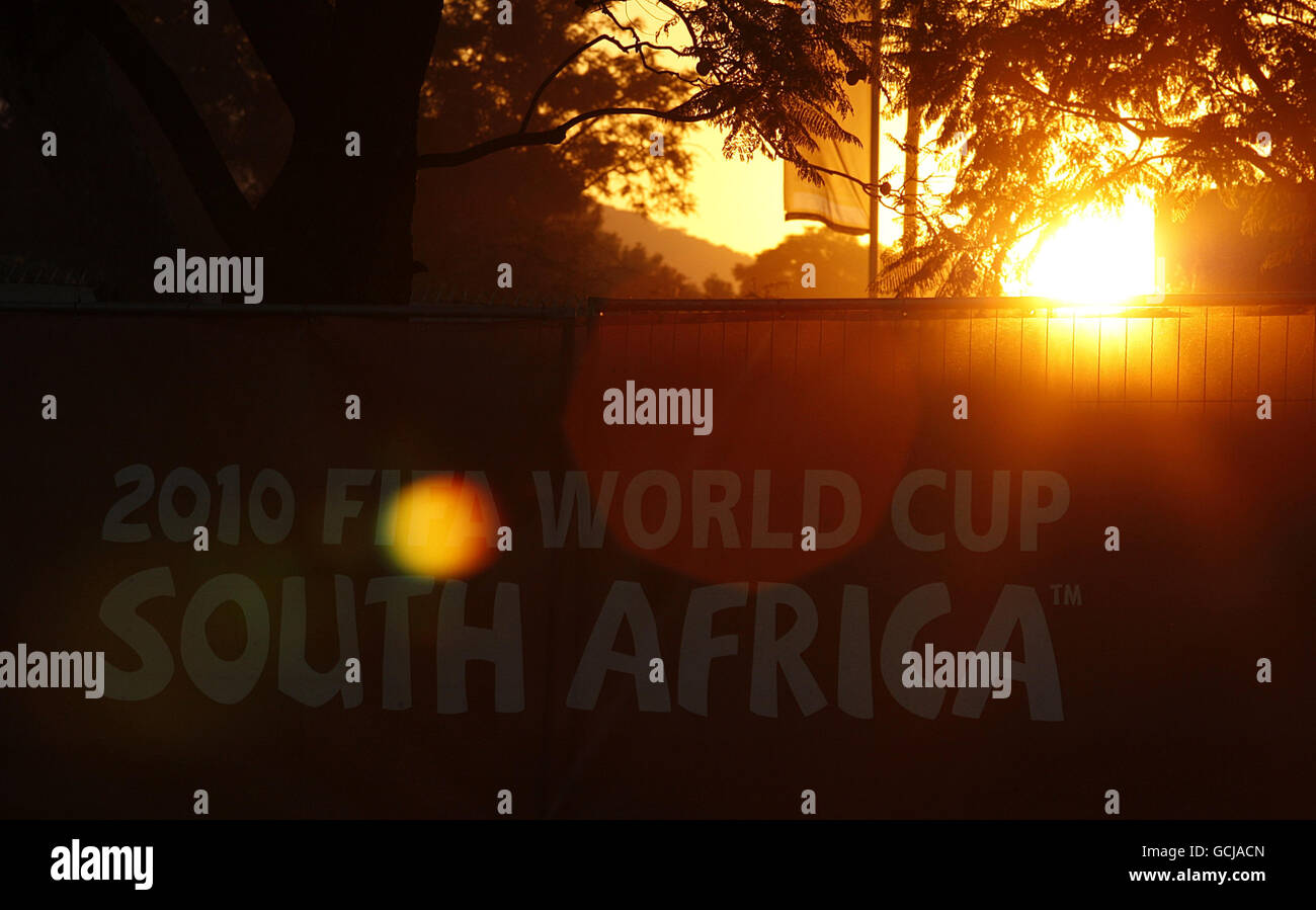 Sun sets behind a banner for the South Africa 2010 World Cup Stock Photo
