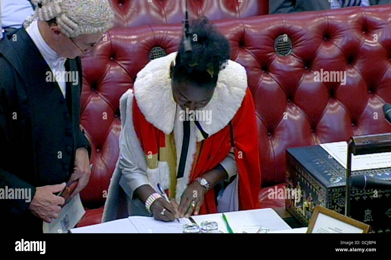 Actress and television presenter Floella Benjamin takes her seat in the House of Lords, London, as a Liberal Democrat peer. Stock Photo