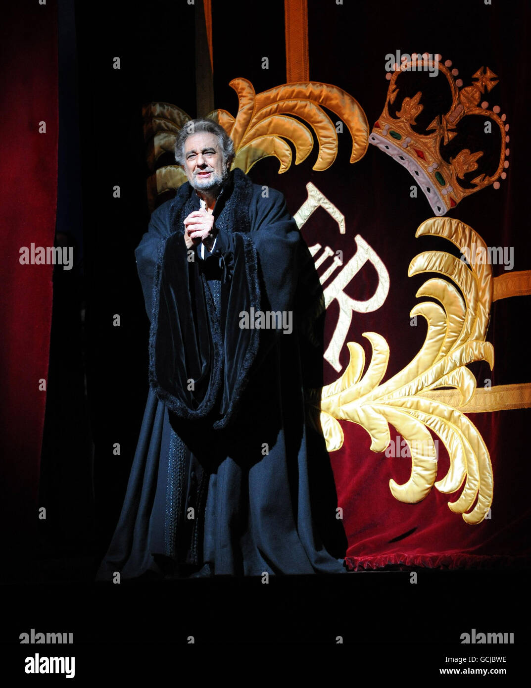 Placido Domingo takes a curtain call after performing in Verdi's Simon Boccanegra at the Royal Opera House in London - his 225th performance at the famous venue. The Spanish tenor sung in barritone, as demanded by the role. Stock Photo