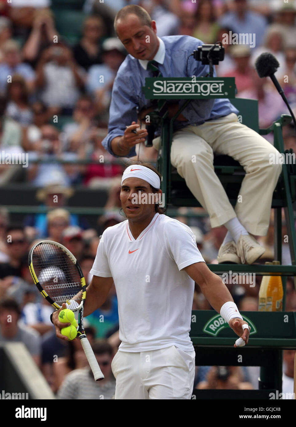 Spain's Rafael Nadal appeals to the umpire during Day Nine of the 2010 Wimbledon Championships at the All England Lawn Tennis Club, Wimbledon. Stock Photo