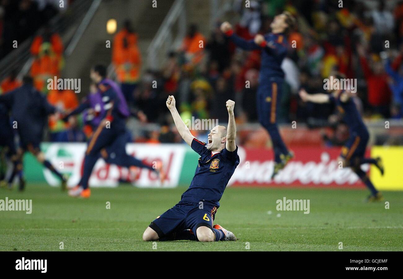 Soccer - 2010 FIFA World Cup South Africa - Final - Netherlands v Spain - Soccer City Stadium. Spain's Andres Iniesta celebrates winning the World Cup as the final whistle is blown Stock Photo
