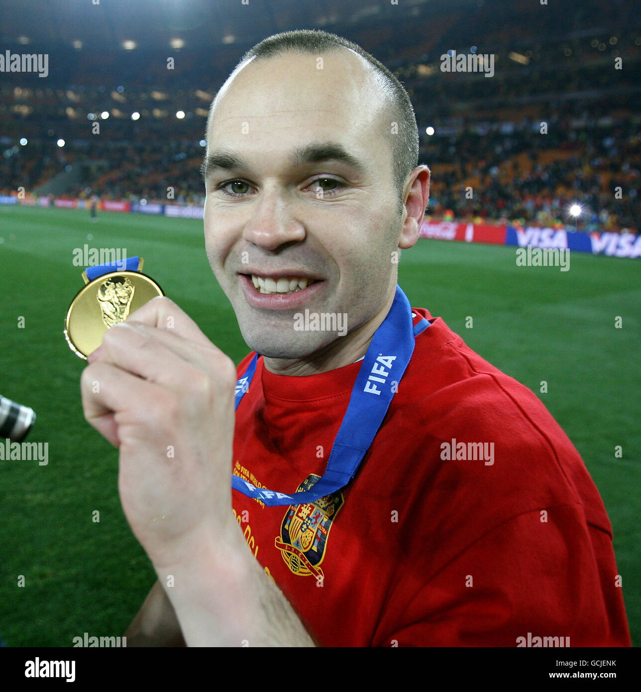 Spain's Andres Iniesta celebrates with his World Cup winners medal after winning against Netherlands Stock Photo