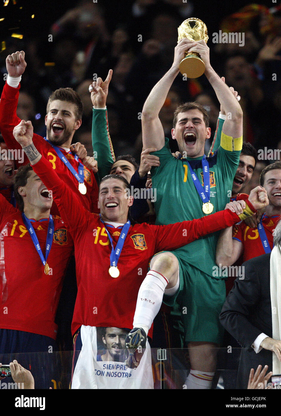 Spain captain and goalkeeper Iker Casillas lifts the world cup trophy