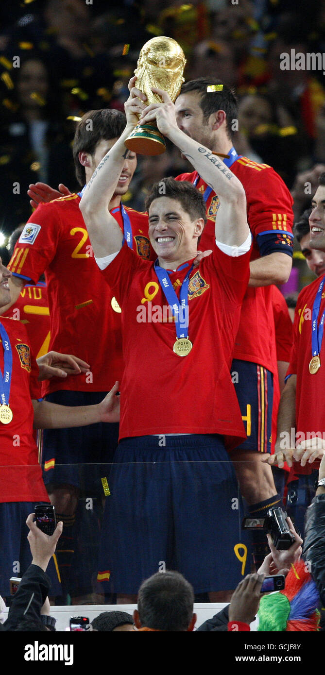 Spain's Fernando Torres celebrates victory as he lifts the world cup