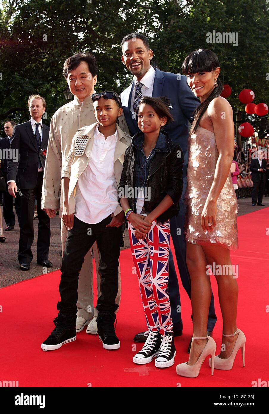 (left to right) Jackie Chan, Jaden Smith, Will Smith, Willow Smith and Jada Pinkett-Smith arriving for the UK Gala Premiere of The Karate Kid, at the Odeon West End, Leicester Square, London. Stock Photo