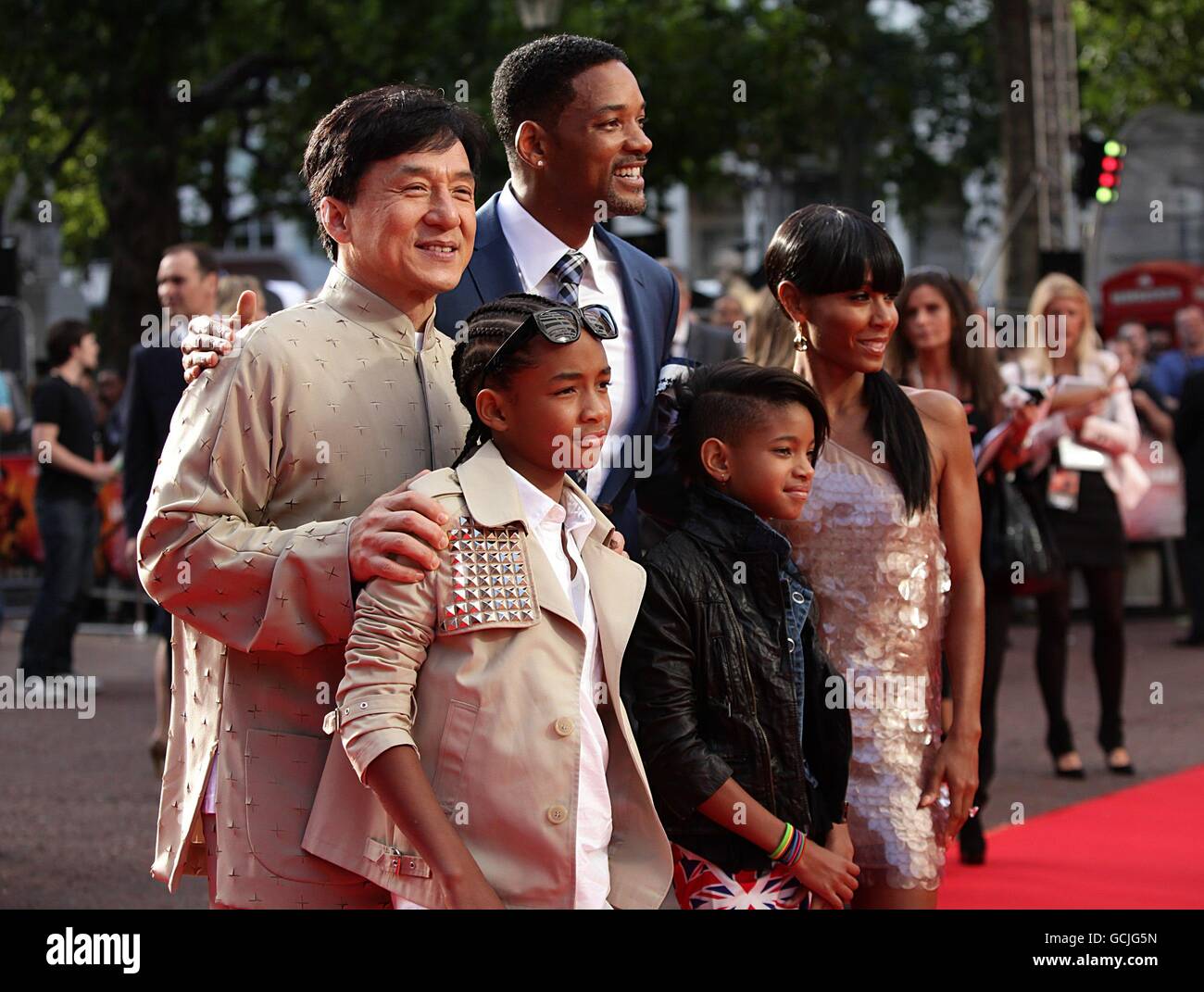 (left to right) Jackie Chan, Jaden Smith, Will Smith, Willow Smith and Jada Pinkett-Smith arriving for the UK Gala Premiere of The Karate Kid, at the Odeon West End, Leicester Square, London. Stock Photo