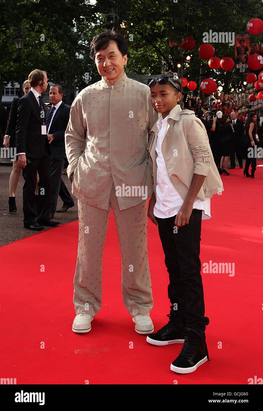 Jackie Chan (left) and Jaden Smith (right) arriving for the UK Gala Premiere of The Karate Kid, at the Odeon West End, Leicester Square, London. Stock Photo