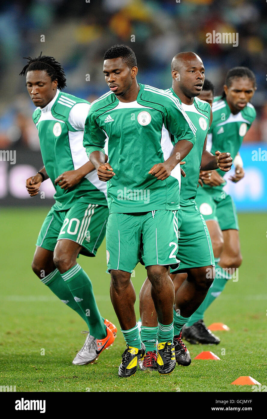 (left to right) Nigeria's Dickson Etuhu, Joseph Yobo, Dan Shittu and Nwankwo Kanu warm up prior to kick off Stock Photo