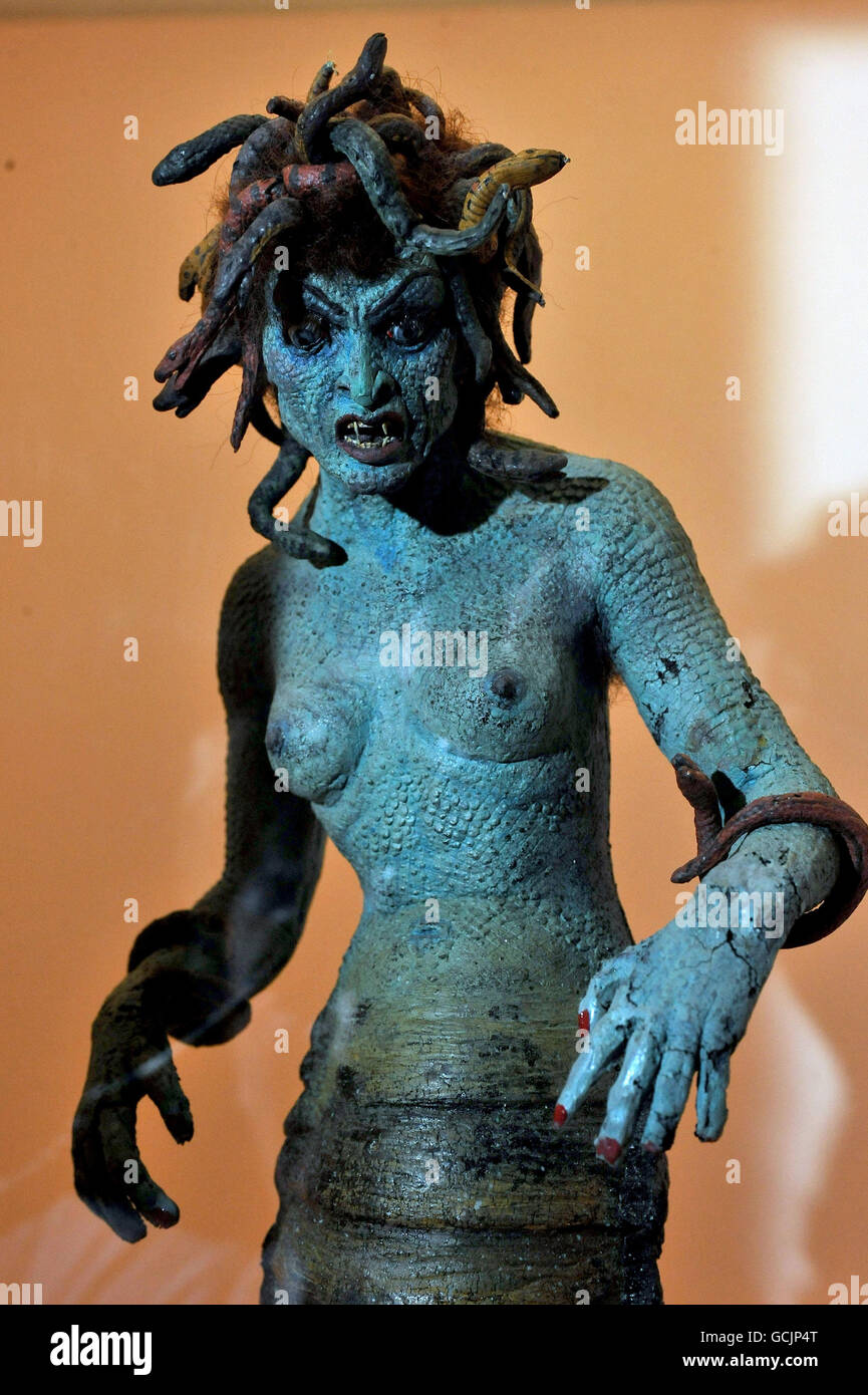 The original Medusa figure from the 1981 film Clash Of The Titans in a display case at the London Film Museum's Ray Harryhausen - Myths And Legends exhibition. Stock Photo