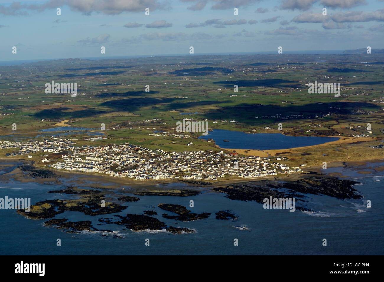 Aerial view of Ravens Point, Trearddur Bay, Holyhead, Anglesey, Stock Photo