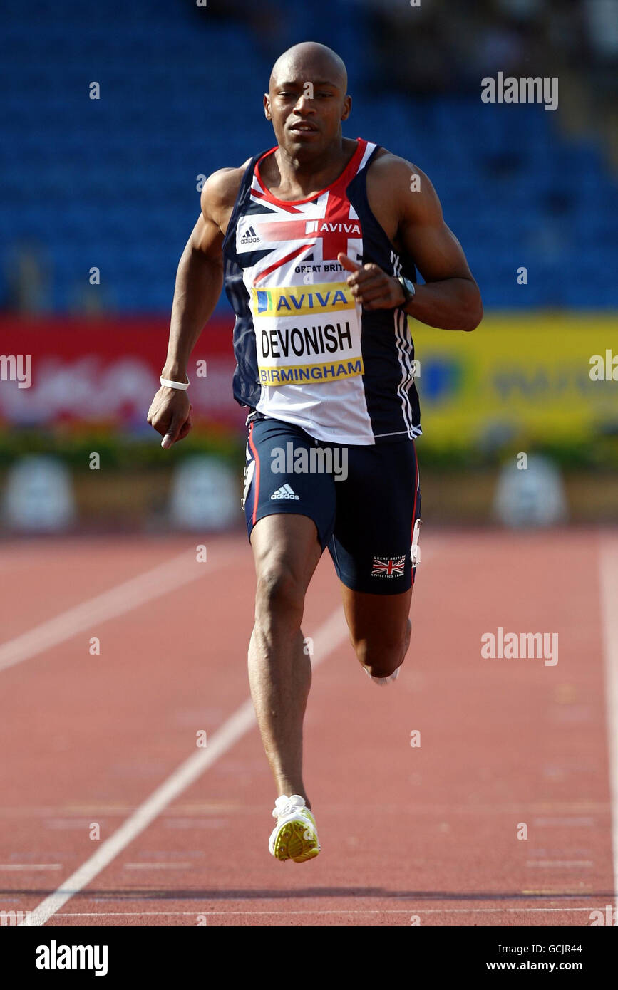 Marlon Devonish competes in the Mens 100m Heats during the Aviva European Trials and UK Championships at the Alexander Stadium, Birmingham. Stock Photo