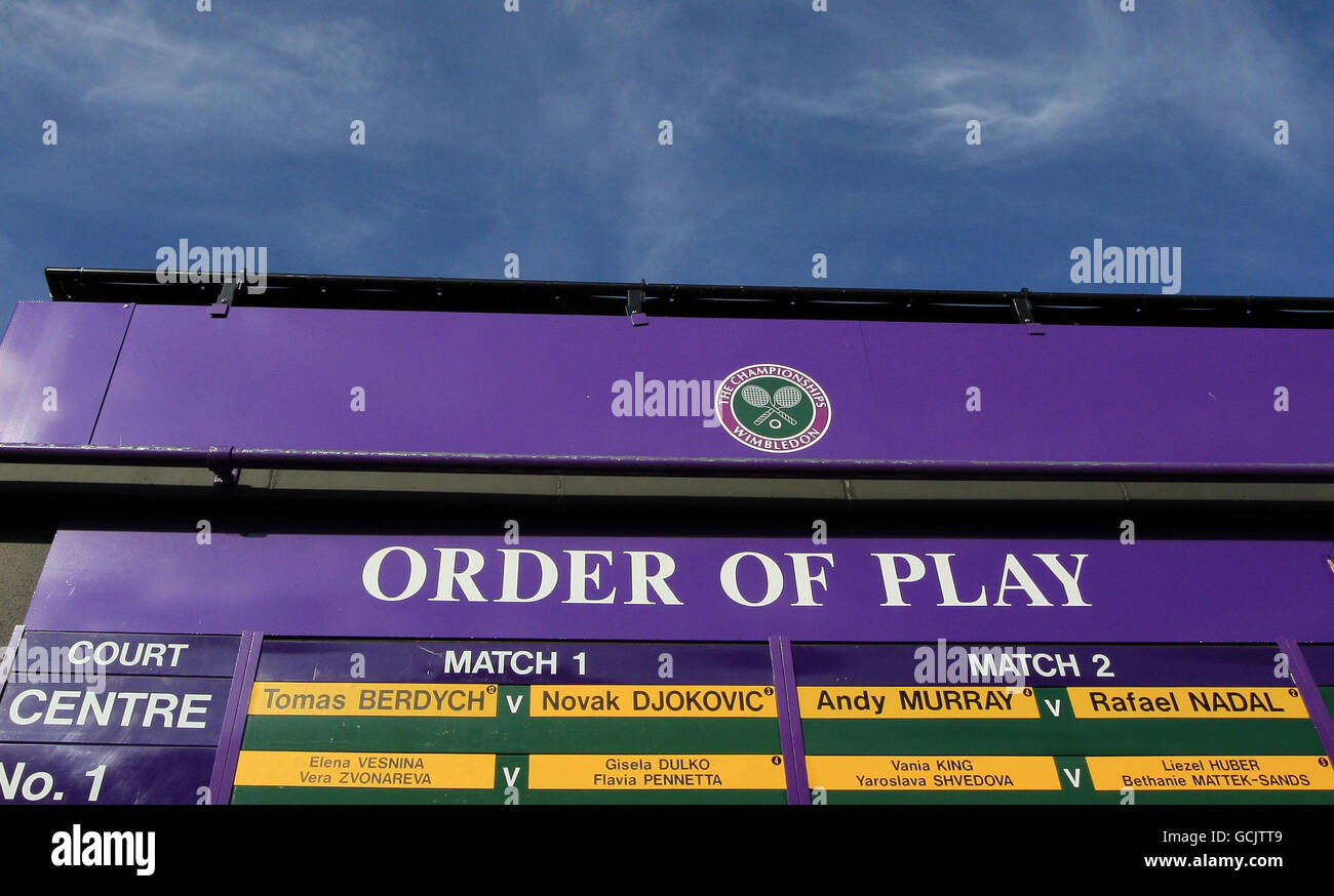 The Order of Play with Andy Murray playing Rafael Nadal during Day Eleven of the 2010 Wimbledon Championships at the All England Lawn Tennis Club, Wimbledon. Stock Photo