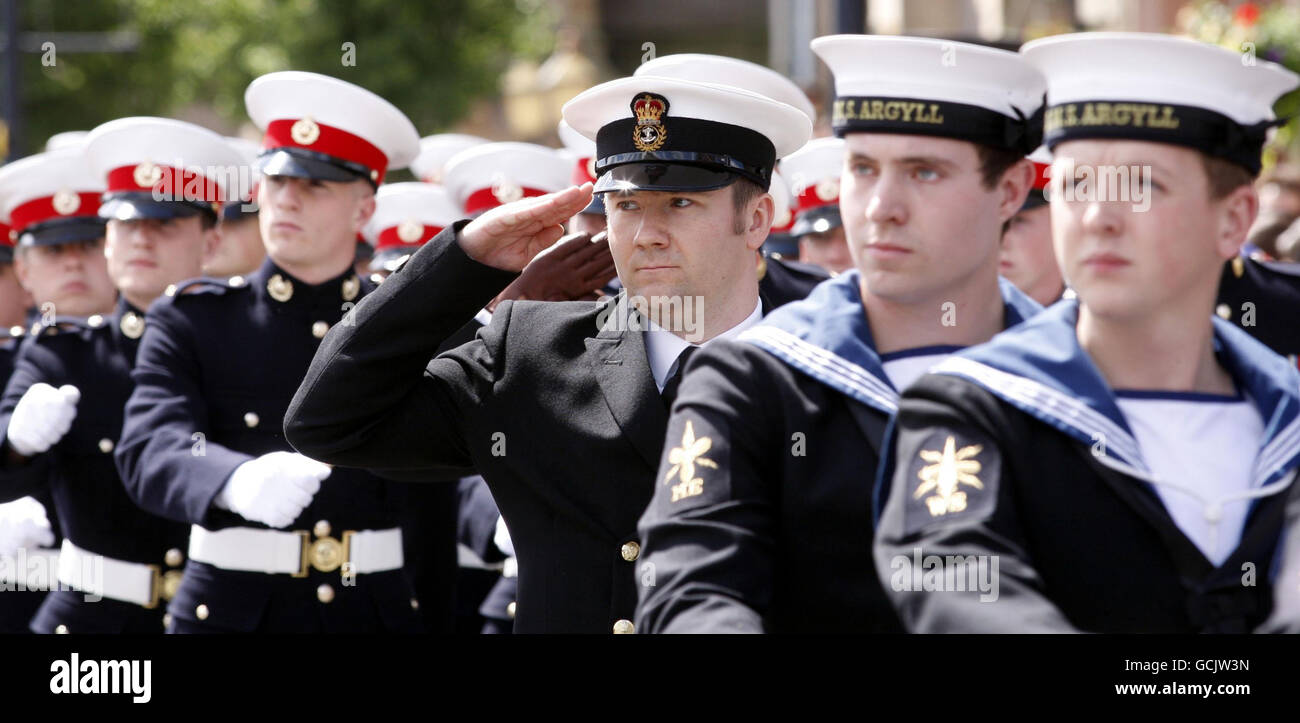 Crew from HMS Argyll take part in an Armed Forces Day parade as it ...