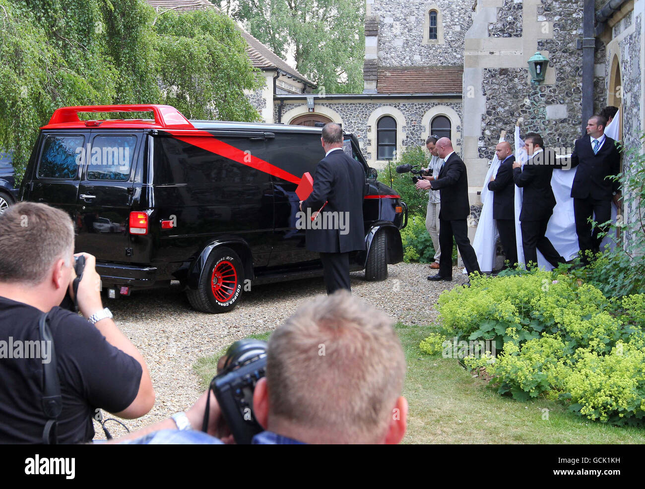 Katie Price and Alex Reid arrive in a replica A-Team van for their blessing ceremony at St Paul's Church, Woldingham, Surrey. Stock Photo