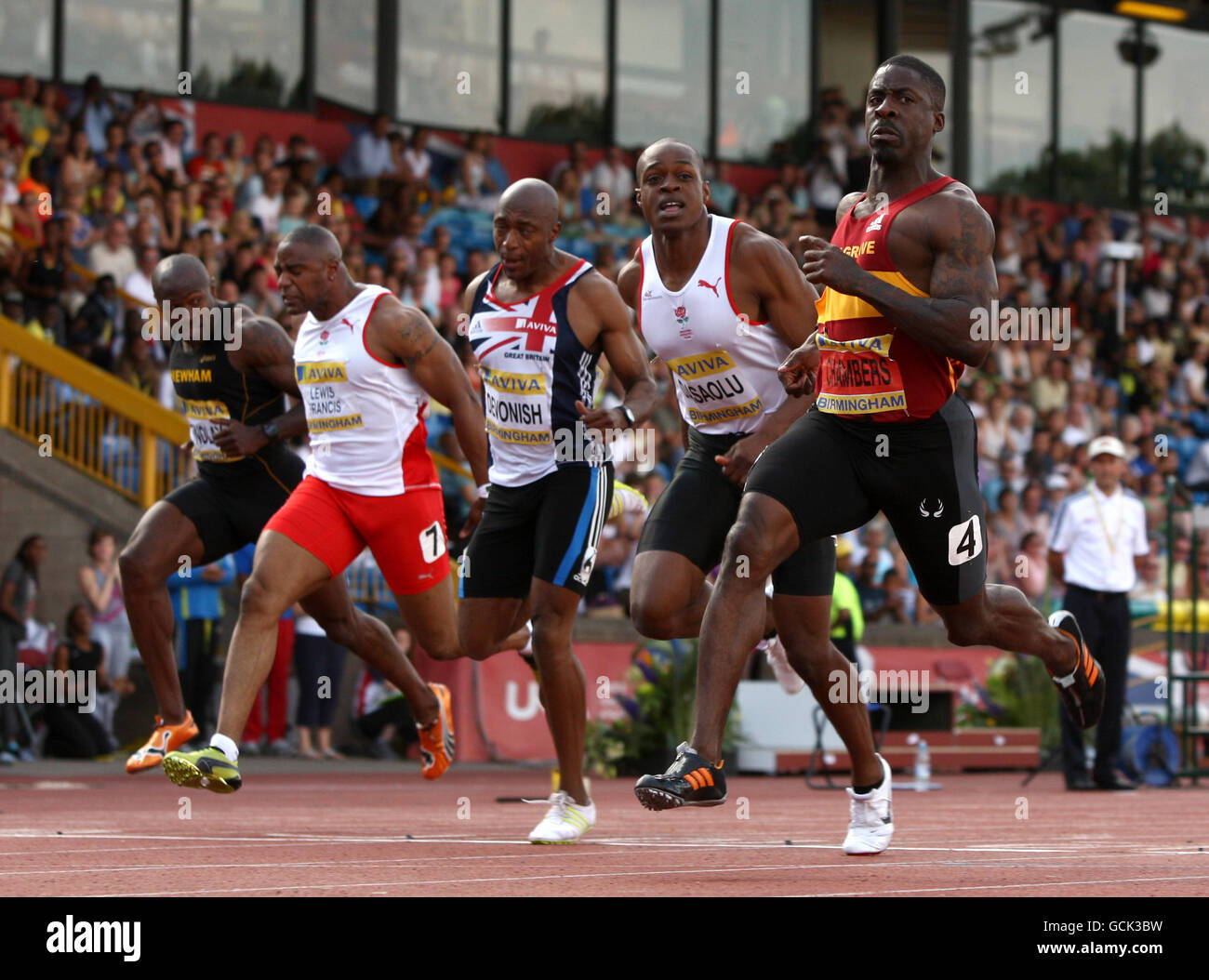 Mark Findlay, Mark Lewis Francis, Marlon Devonish, James Dasaolu and Dwain Chambers (left to right) compete in the men's 100m final during the Aviva European Trials and UK Championships at the Alexander Stadium, Birmingham. Stock Photo