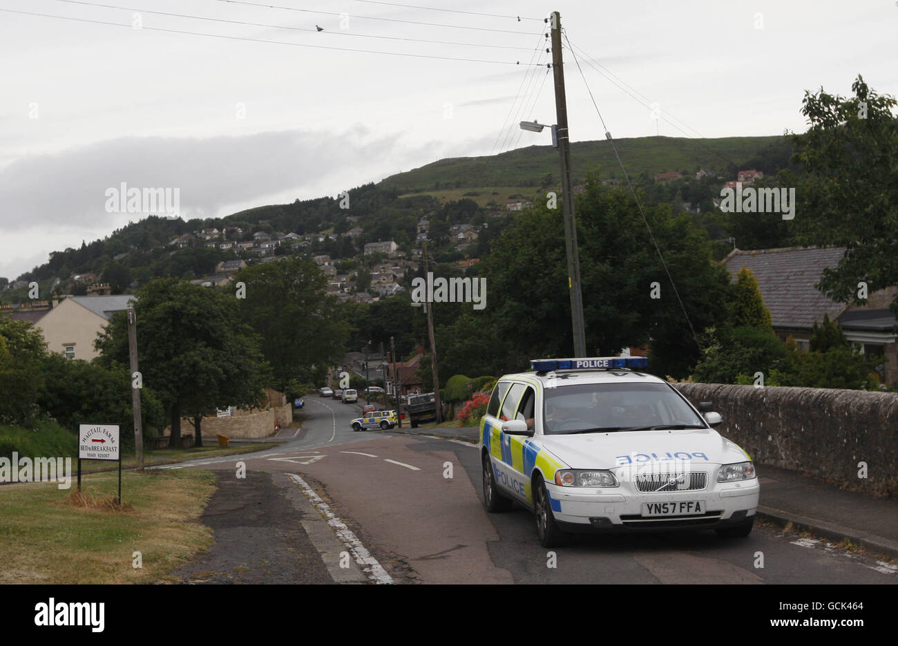 A police car at the village of Rothbury, Northumberland, as the manhunt
