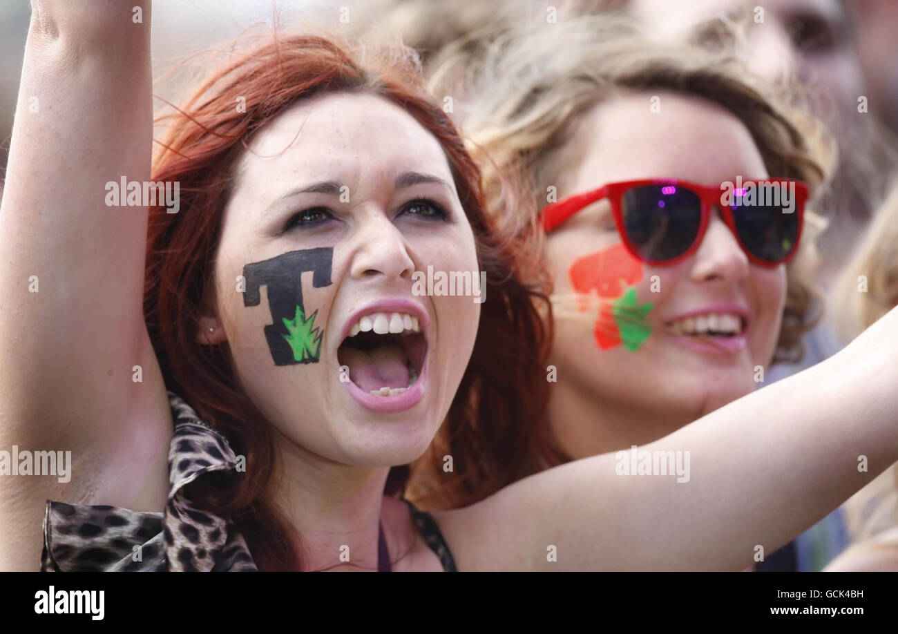 Fans watch The Big Pink perform at the T in the Park music festival in Balado, Kinross-shire, Scotland. Stock Photo