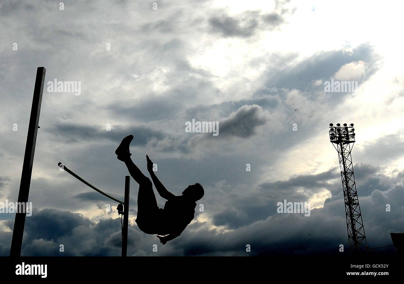 An athlete takes part in the high jump during the Aviva British Grand Prix at Gateshead Stadium, Gateshead. Stock Photo