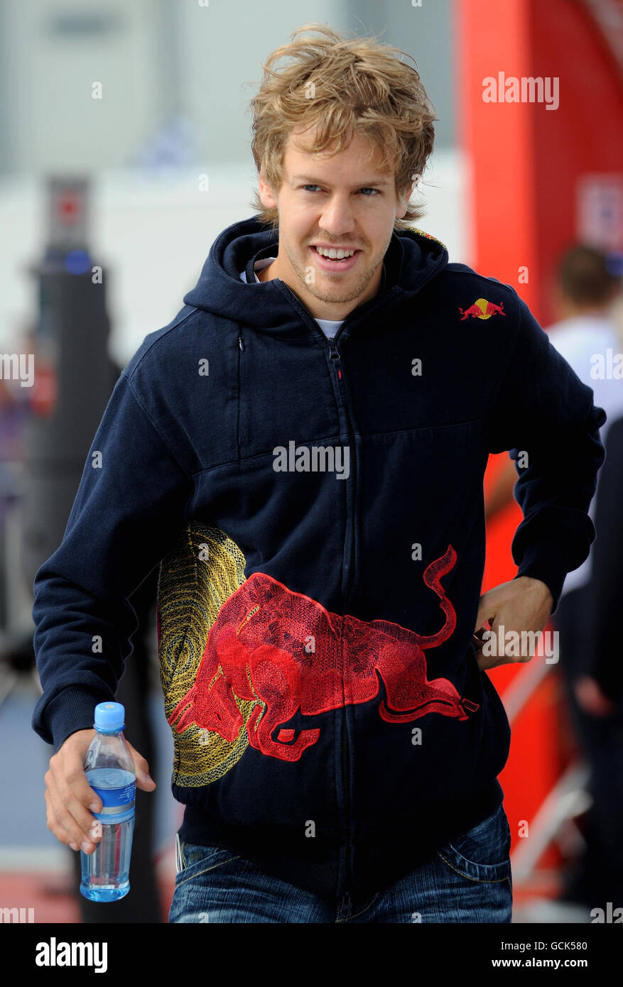 Red Bull Racing s Sebastian Vettel arrives before the Santander British Grand Prix at Silverstone Circuit Northampton Stock Photo Alamy