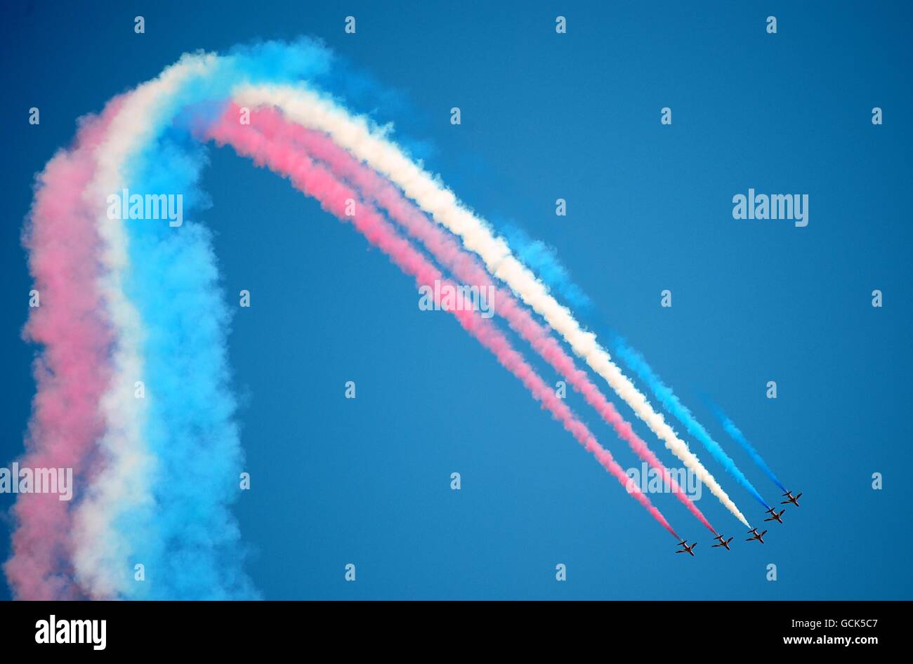 The Red Arrows flypast over the circuit prior to the race during the ...