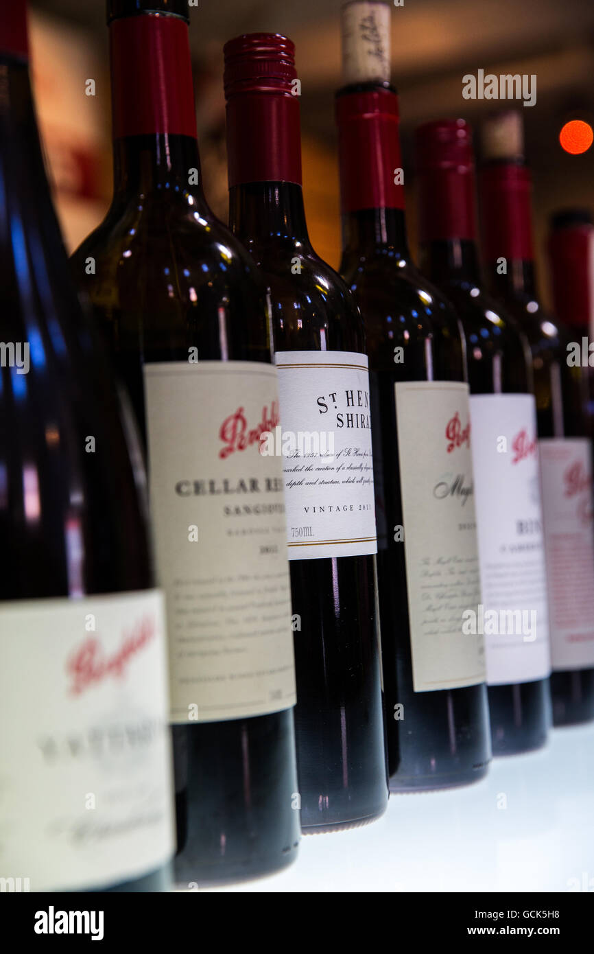 Bottles of premium Penfolds wines at their cellar door in Adelaide Australia Stock Photo