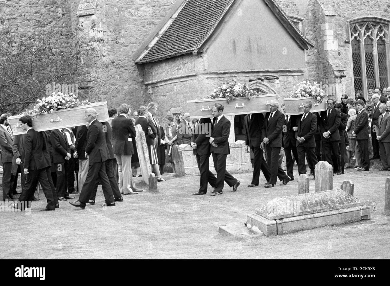 The coffins of Neville and June Bamber and their daughter Sheila Caffell, three of the victims of last weeks Essex farmhouse massacre, being taken from St.Nicholas's Church, Tolleshunt D'Arcy, Essex where a funeral service was held today. Stock Photo
