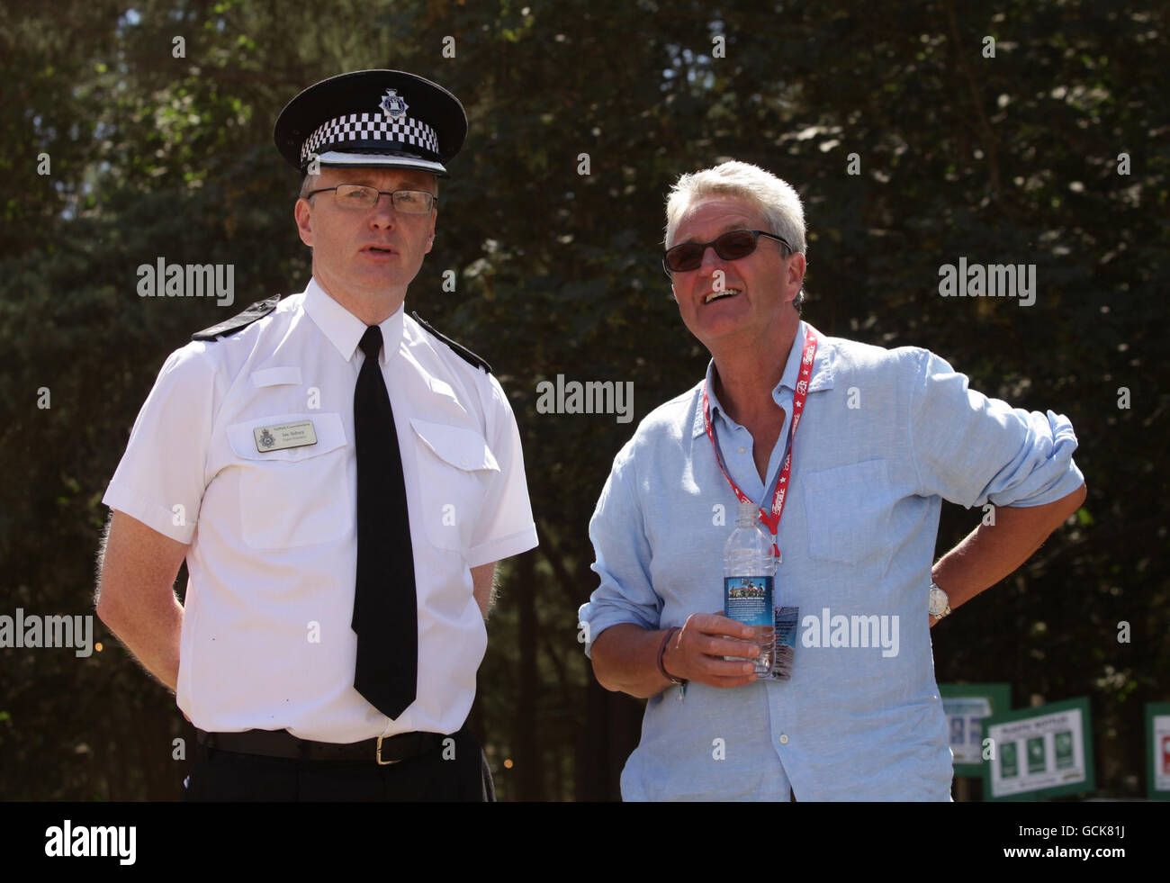 Superintendent Ian Sidney (left) from the Suffolk Constabulary with Latitude Festival organiser Melvin Benn after their press conference concerning the assaults at the festival on Thursday and Friday, in Henham Park, Southwold, Suffolk. Stock Photo