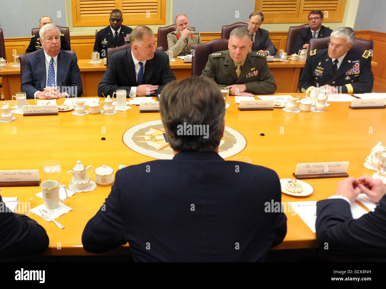 Prime Minister David Cameron with US Defence chiefs in 'The Tank', a secure briefing room at the Pentagon in Washington D.C. today, during his visit to the United States capital. Stock Photo